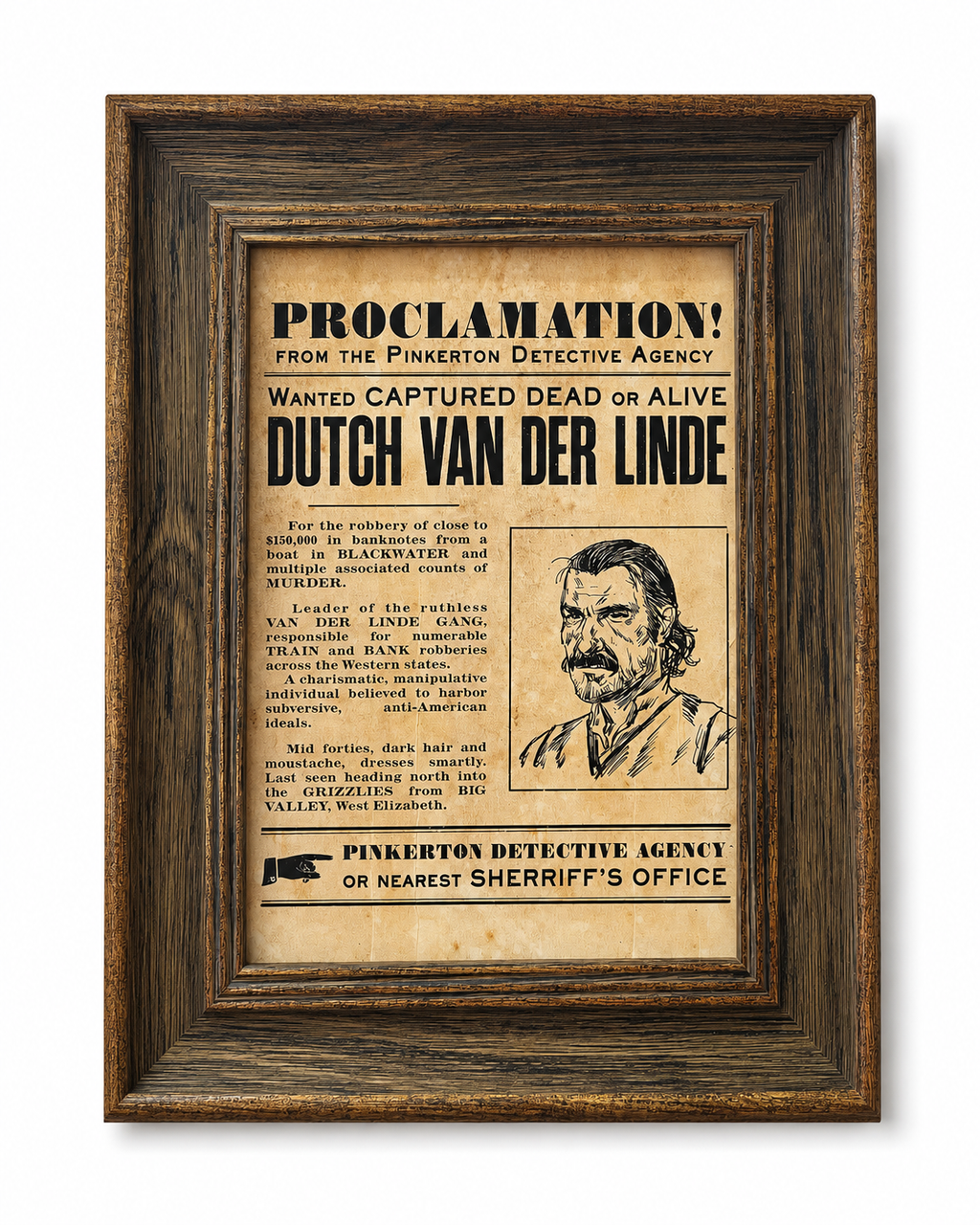 Dutch van der Linde Wanted Poster Frame